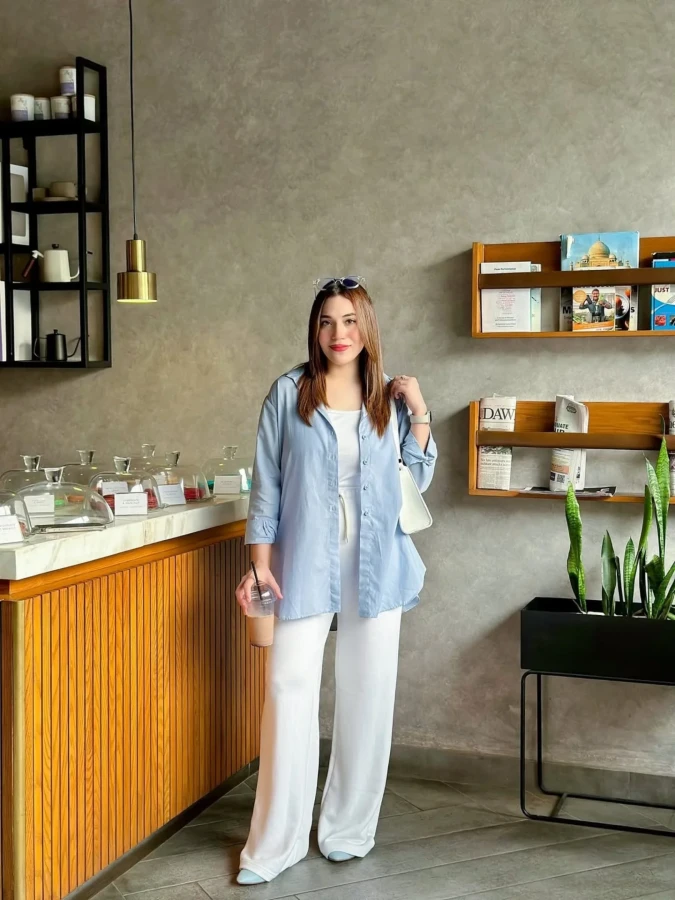 Blue Overshirt and White Wide Leg Outfit