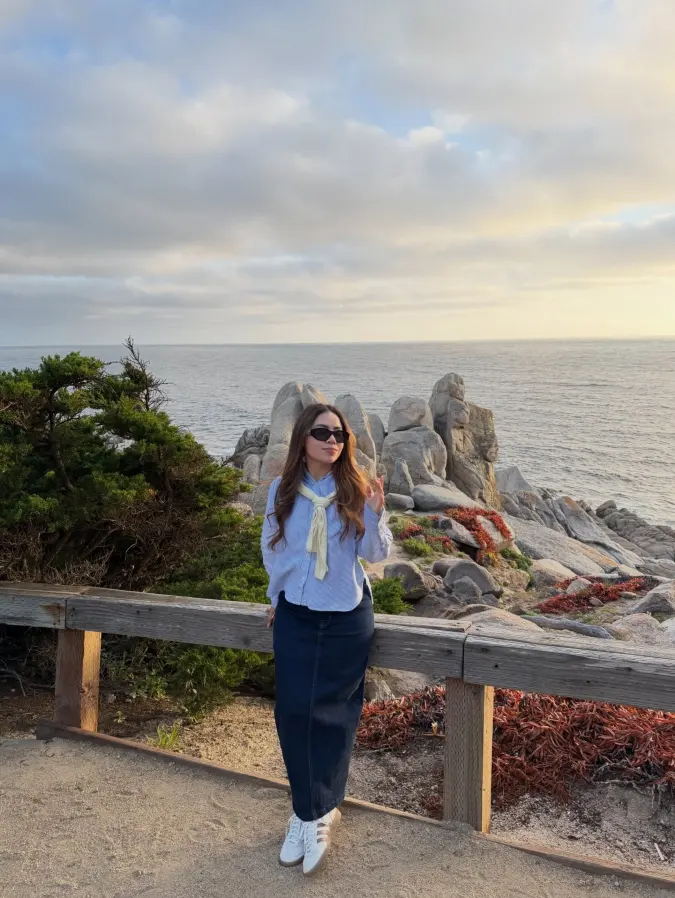Blue Stripe Shirt with Denim Midi Skirt at a Coastal Overlook