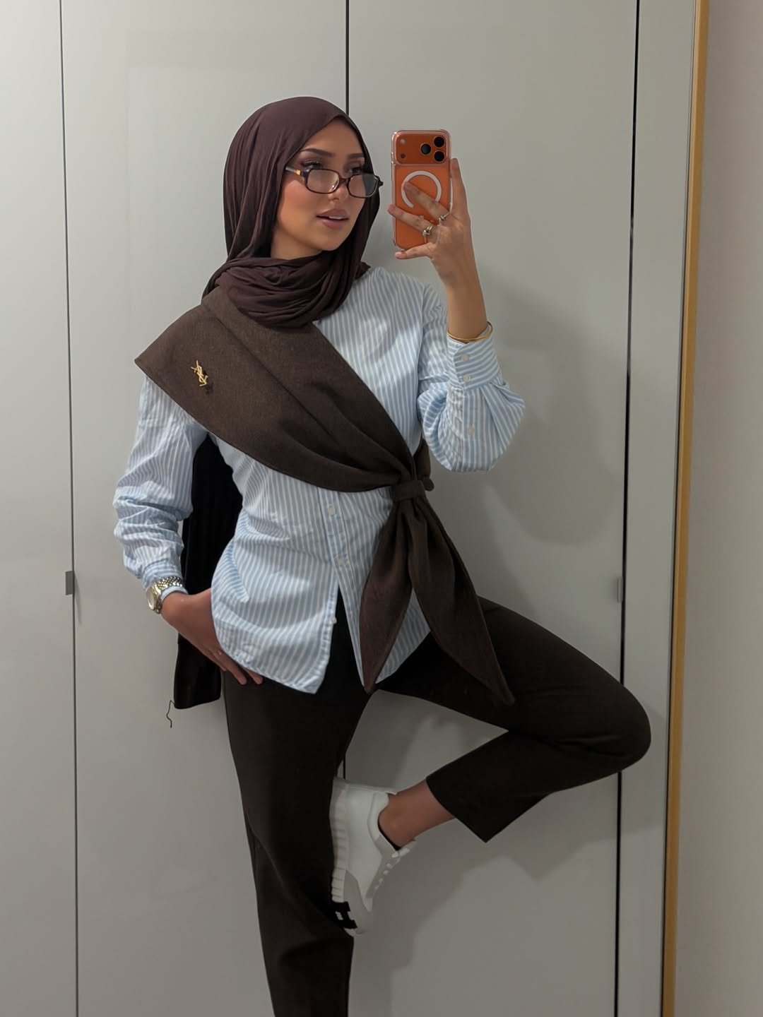 Blue Striped Button Down and Dark Brown Pants Smart Casual Modest Workwear