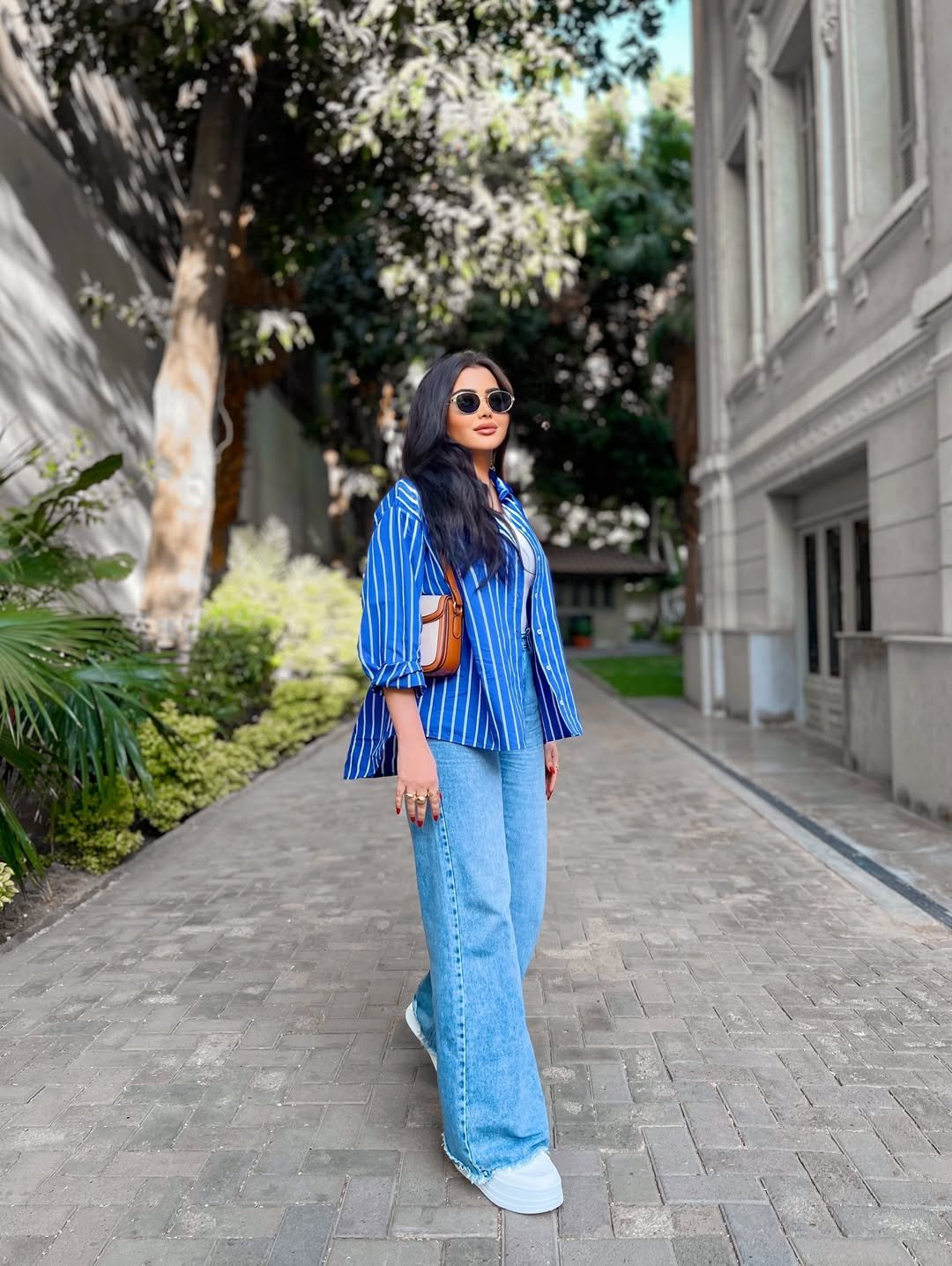 Blue Striped Cotton, Breathable Wide Leg Denim, Loose Fit Casual Chic
