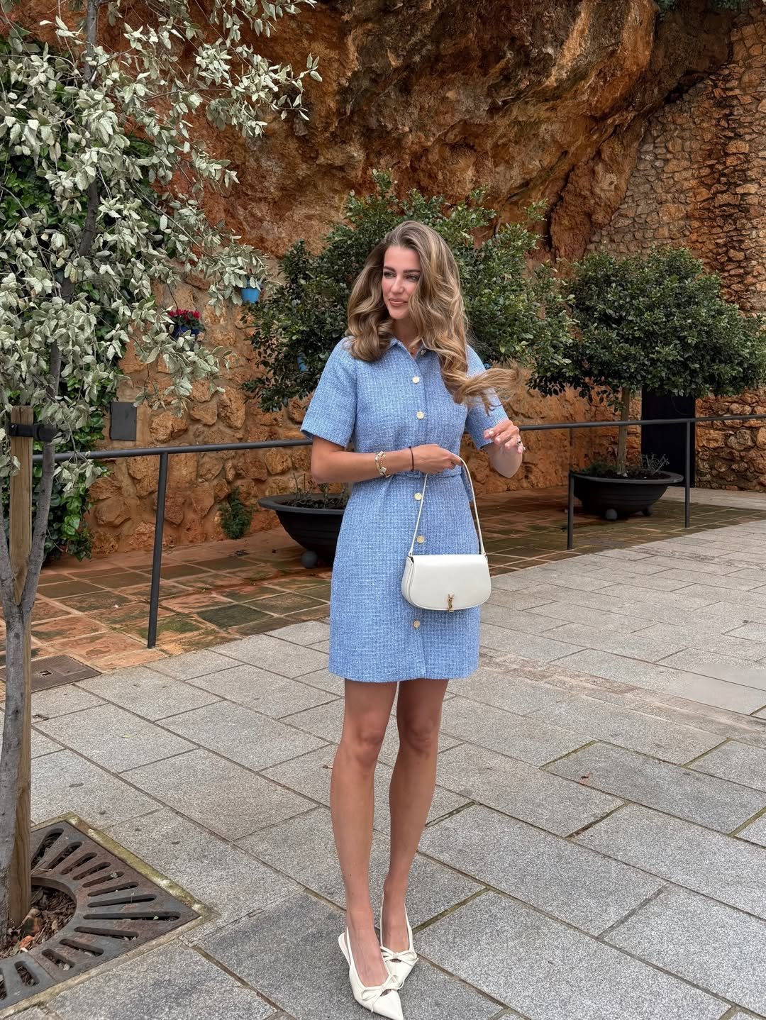 Blue Tweed Button-Down Mini Dress with White Shoulder Bag and Bow-Detail Slingback Heels