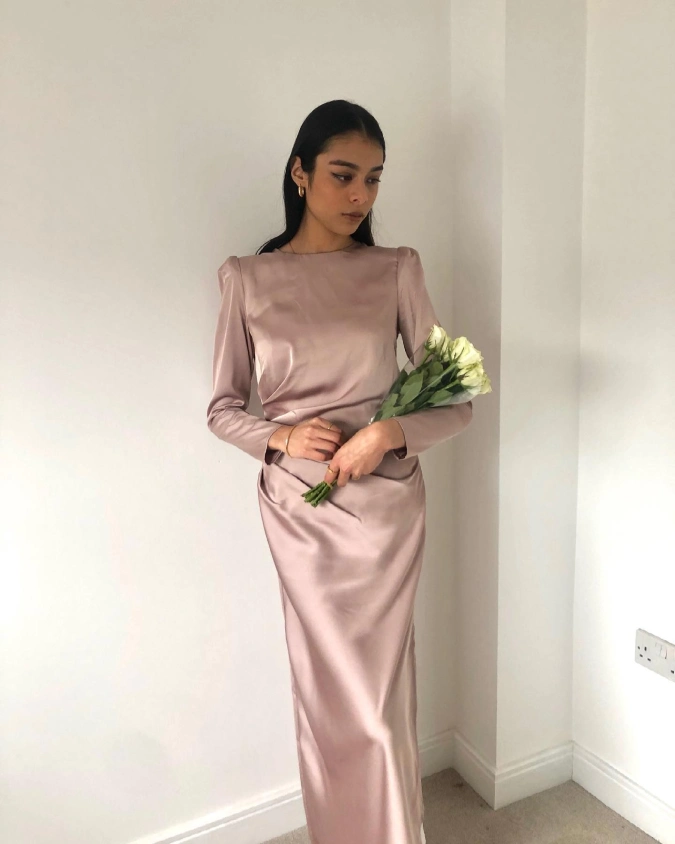 Blush Satin Column Maxi Dress with Elegant Modest Styling for Petite Women