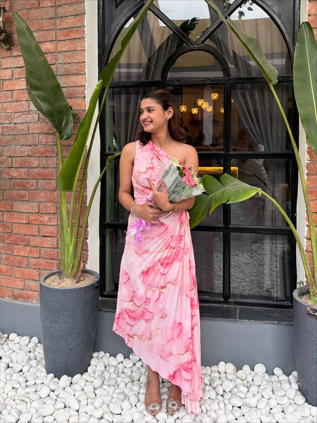 Blushing Marble One-Shoulder Pleated Dress