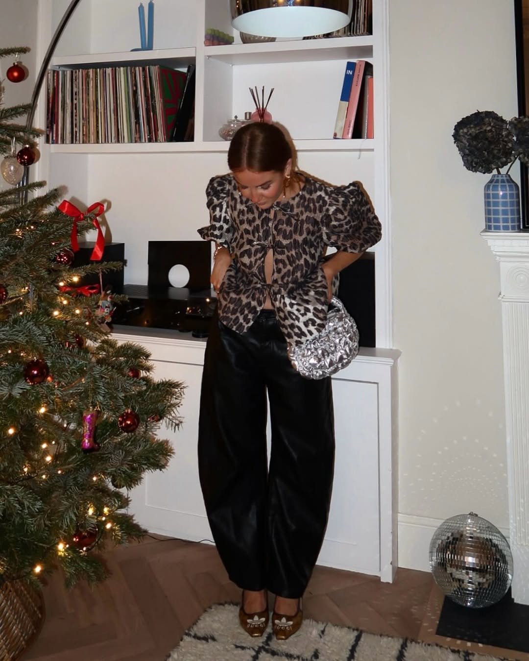 Bold Leopard Print Top with Leather Trousers