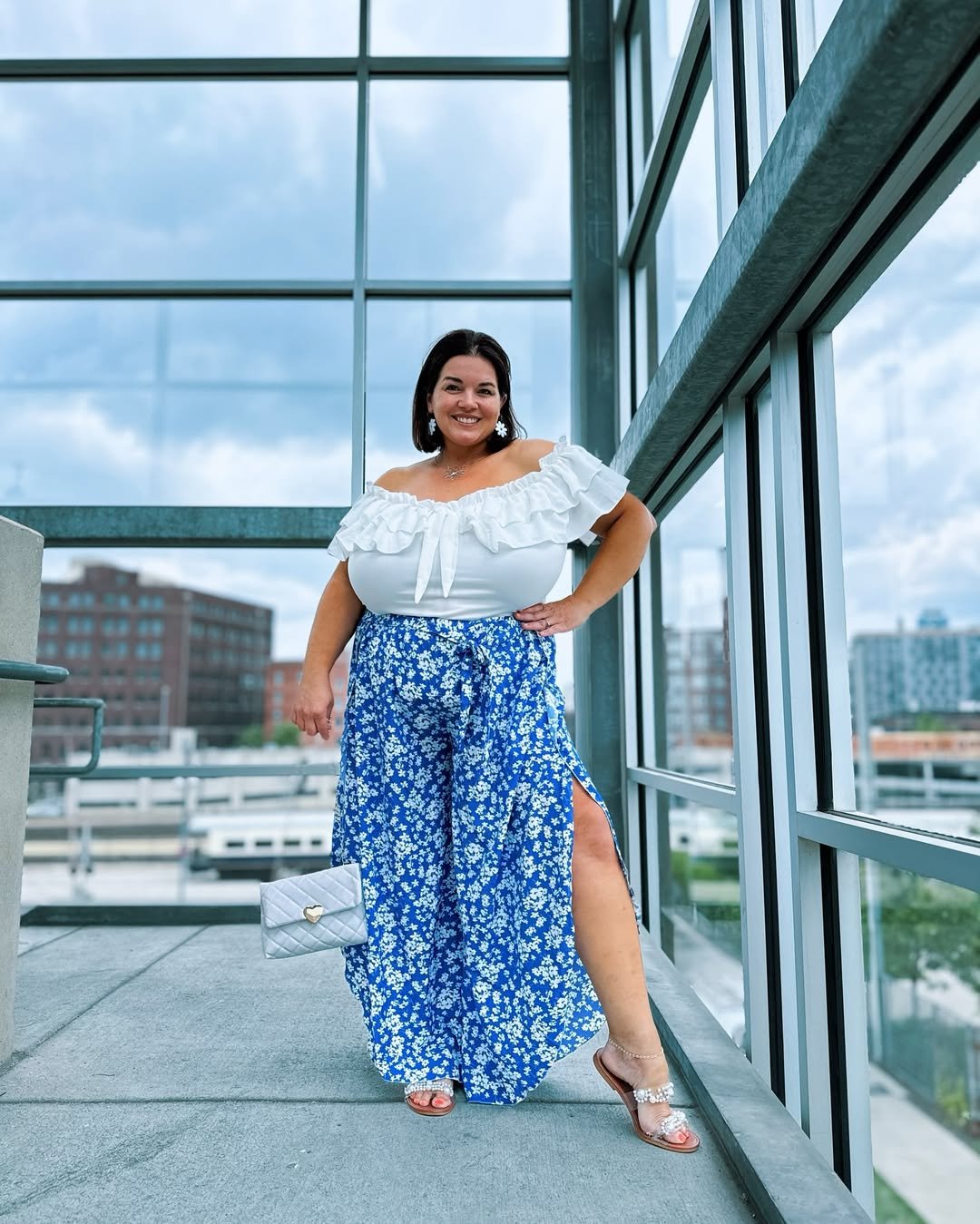 Breezy Blue Floral Wide Leg Pants and Ruffled White Top Casual City Chic