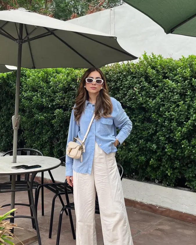 Breezy Blue Shirt With Wide Leg Cream Pants