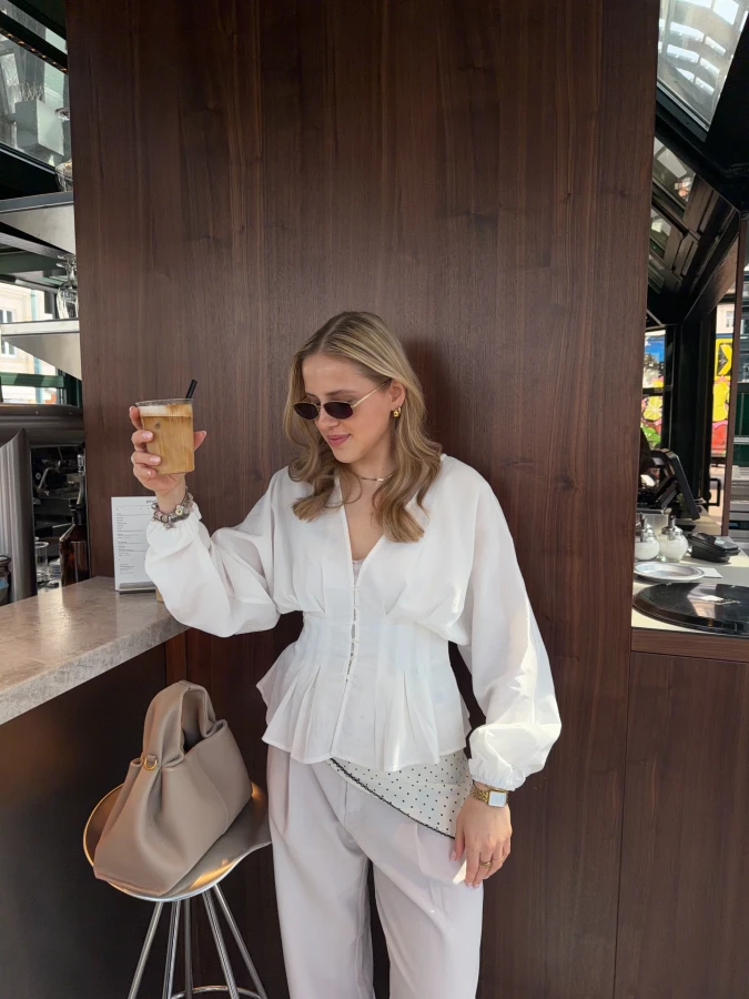 Breezy White Blouse Coffee Study Look