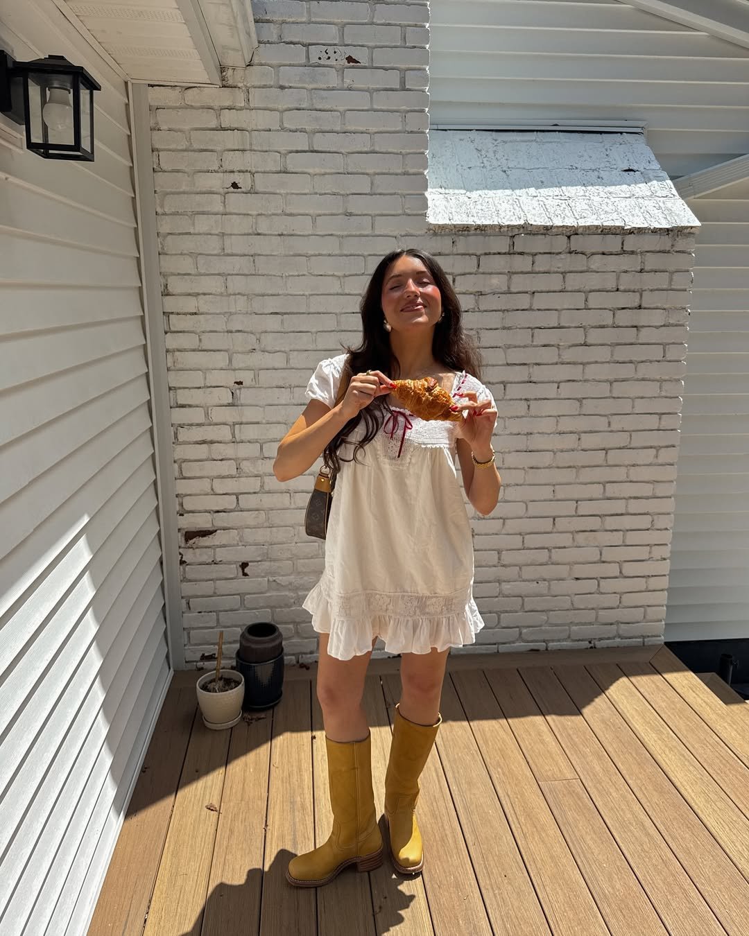 Breezy White Ruffled Mini Dress and Tall Leather Boots Effortless Country Club Brunch Style