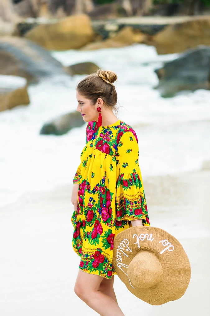 Bright Floral Beach Dress With Straw Hat