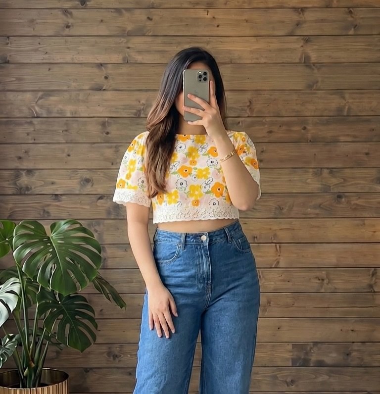 Bright Flower Shirt and Relaxed Blue Jeans Casual Day Off Comfort