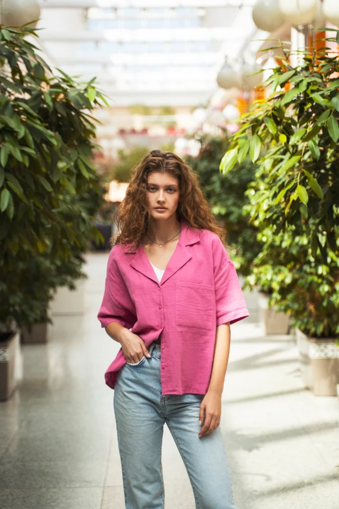 Bright Pink Oversized Shirt With Light Wash Denim
