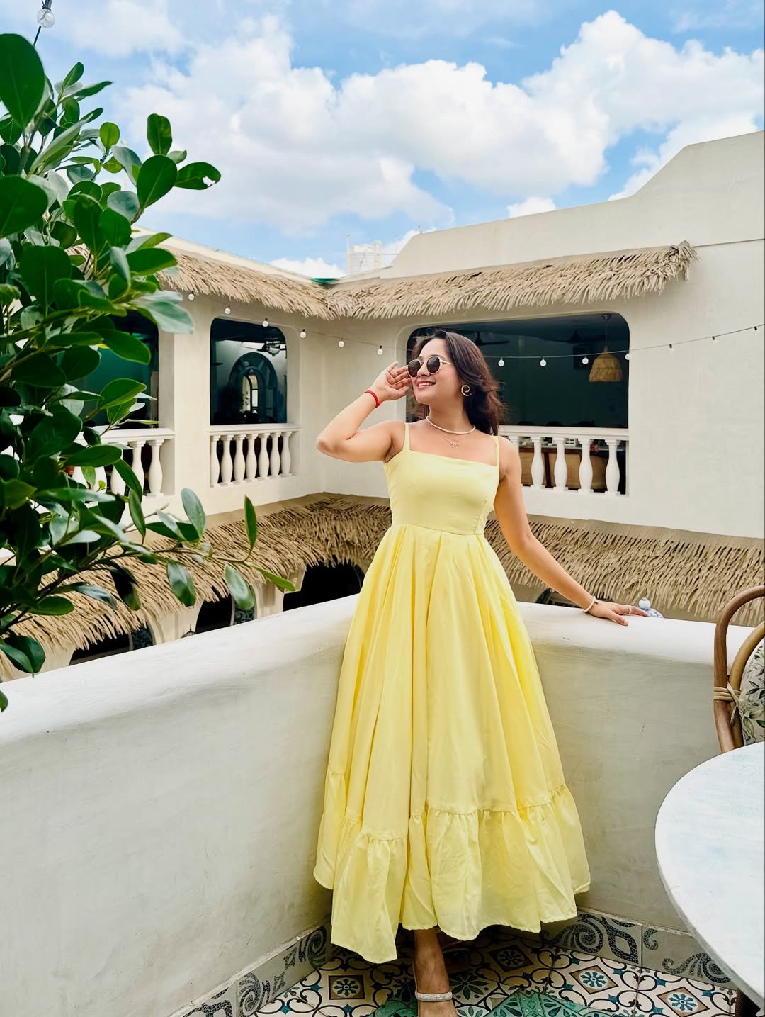 Bright Yellow Cotton Maxi Dress with Flared Tiered Hem