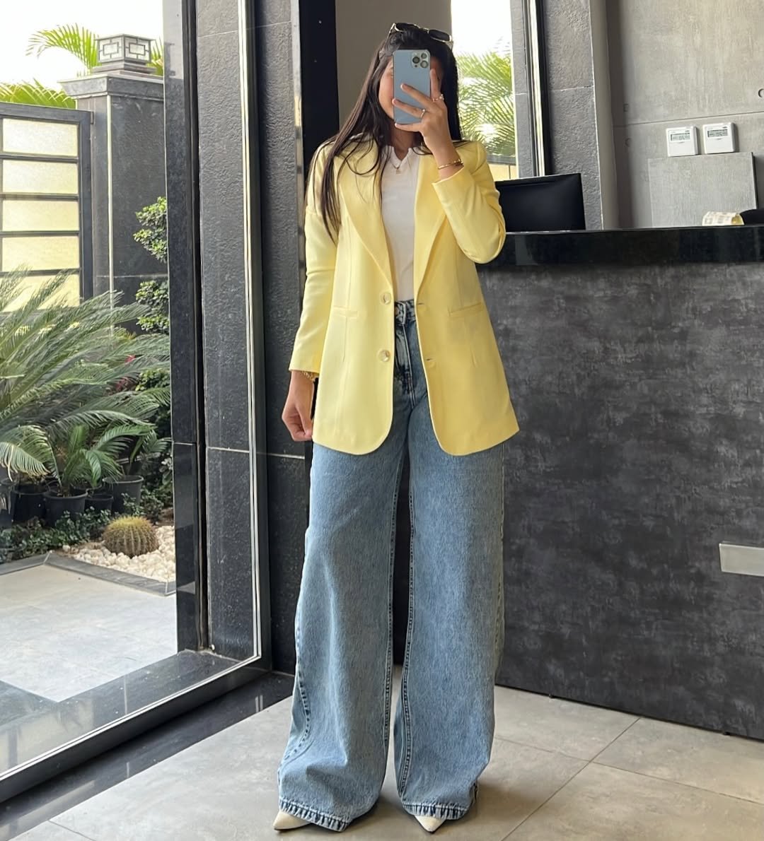  Bright Yellow Oversized Blazer and Wide Leg Denim Casual Smart Chic