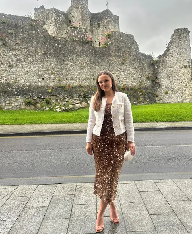 Bronze Sequin Midi with Cropped Boucle Jacket