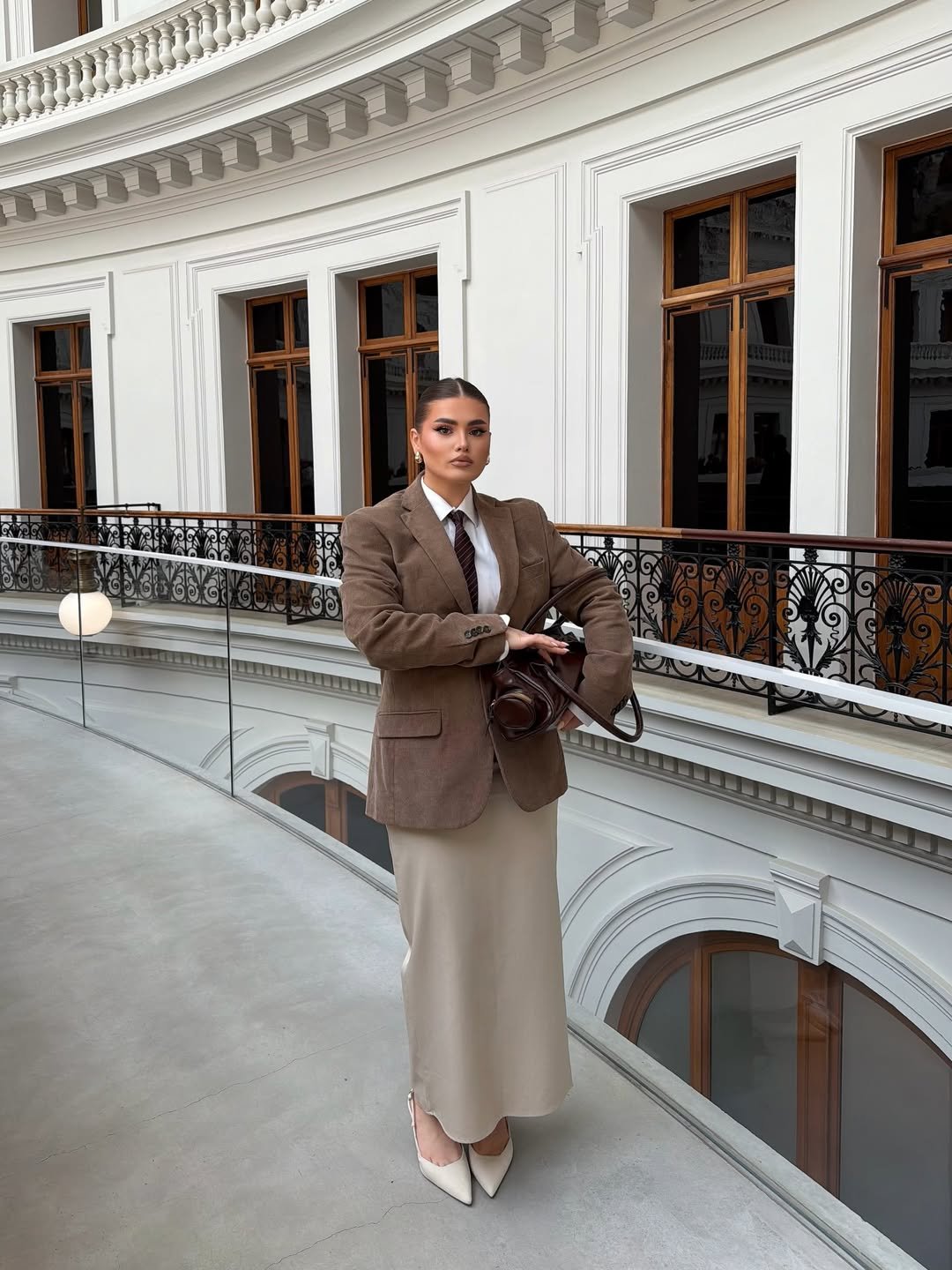 Brown Corduroy Blazer with Silk Maxi Skirt and Striped Tie