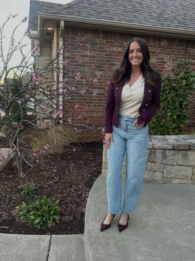Burgundy Cropped Jacket With Wide Leg Denim For Polished School Pickup Mom Style