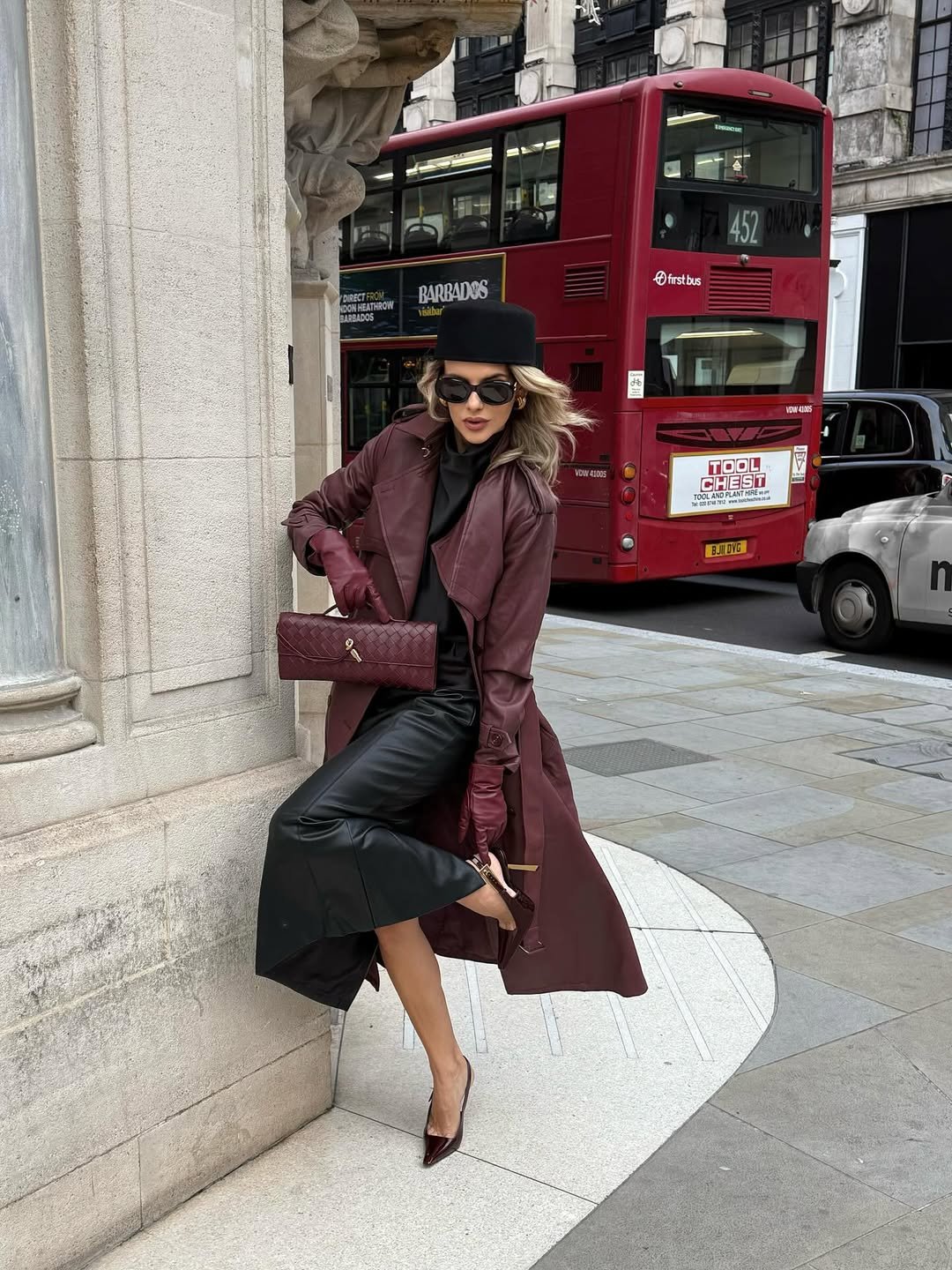 Burgundy Leather Trench and Midi Skirt
