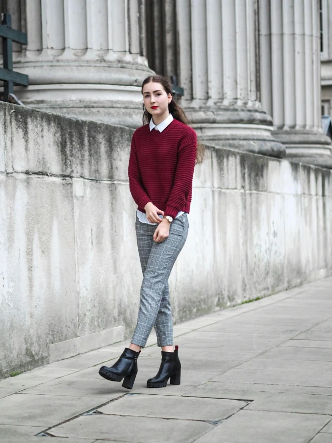 Burgundy Ribbed Sweater with Checked Trousers and White Collar Office Balance