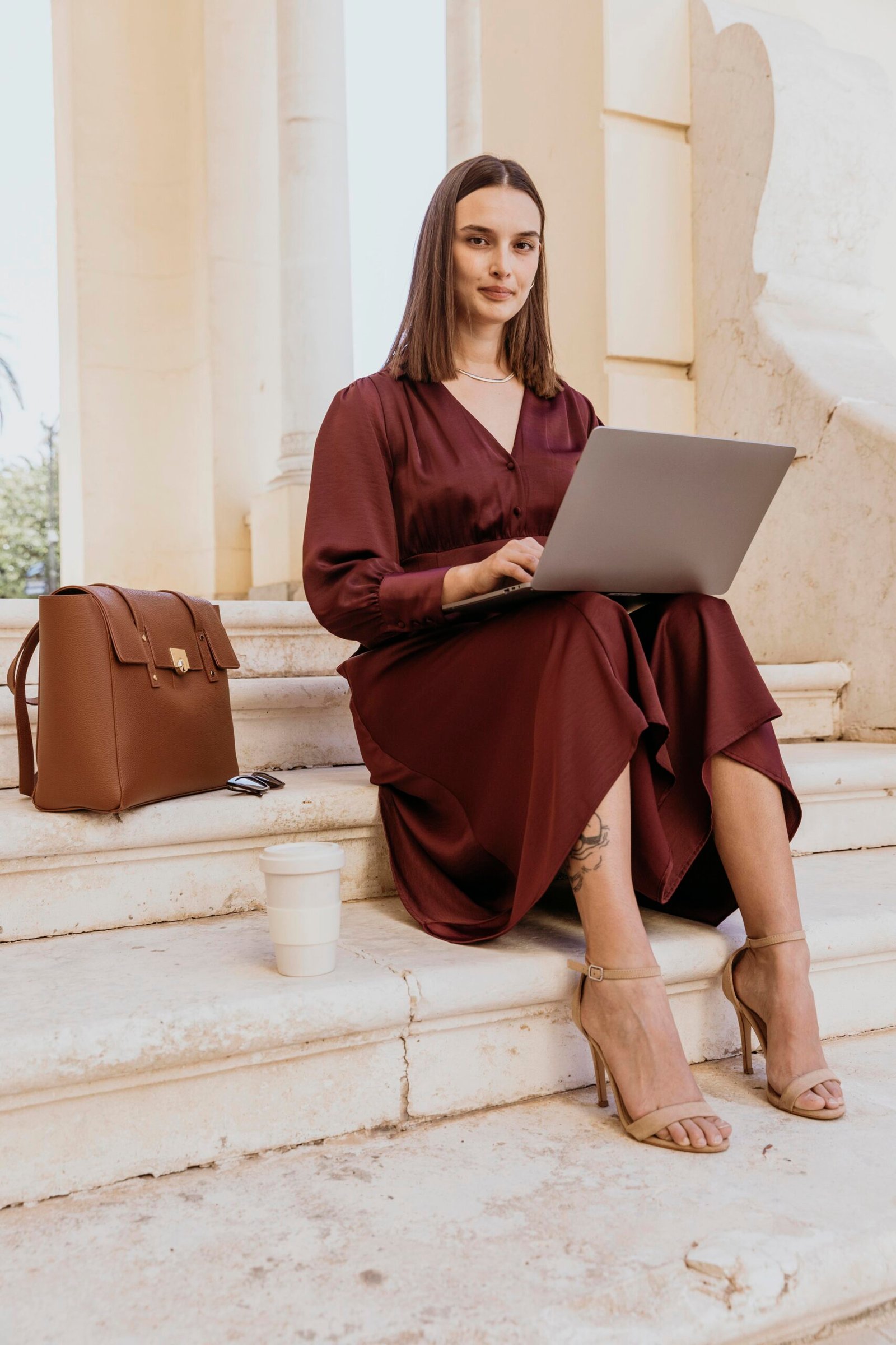Burgundy Silk Midi Dress With Nude Heels
