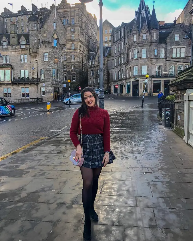 Burgundy Sweater with Plaid Mini Skirt on Rainy City Streets