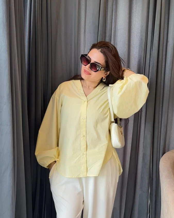 Butter Yellow Oversized Shirt with Cream Wide Leg Trousers