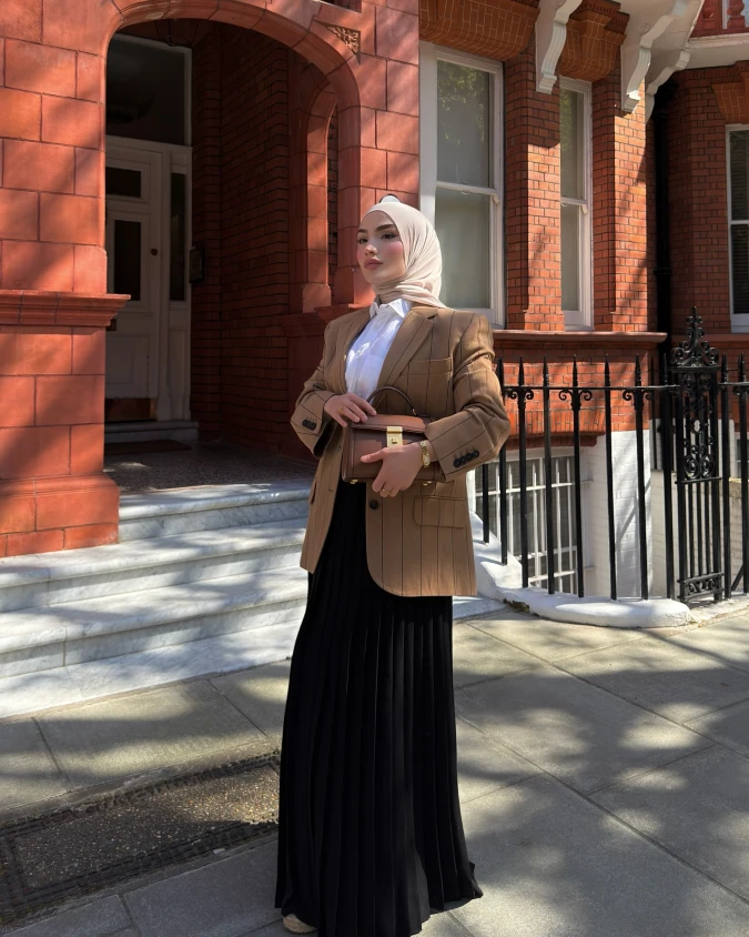 Camel Blazer and Black Maxi Skirt Modest City Style for Petite Women