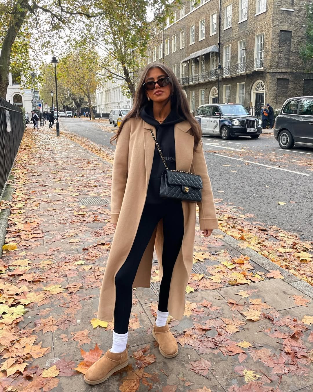 Camel Coat and Hoodie Street Style