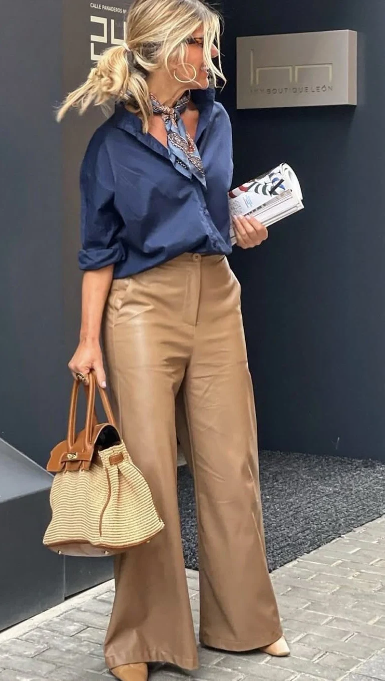 Camel Leather Wide-Leg Pants with Navy Blouse and Silk Hair Scarf