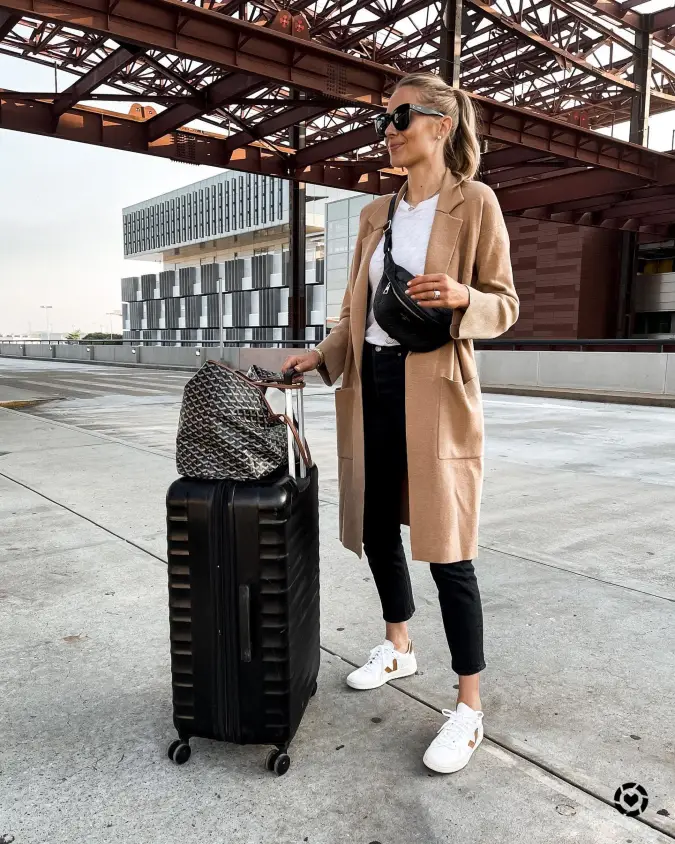 Camel Long Cardigan with Black Jeans and Airport Sneakers