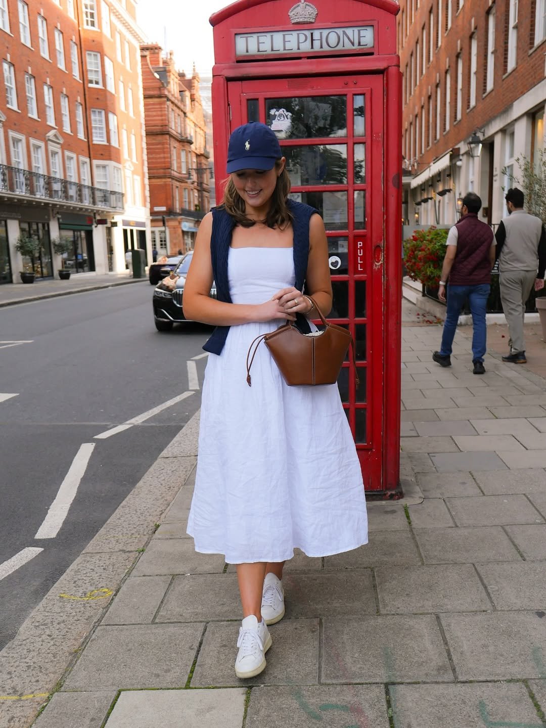 Casual Chic White Midi Dress with Navy Accents
