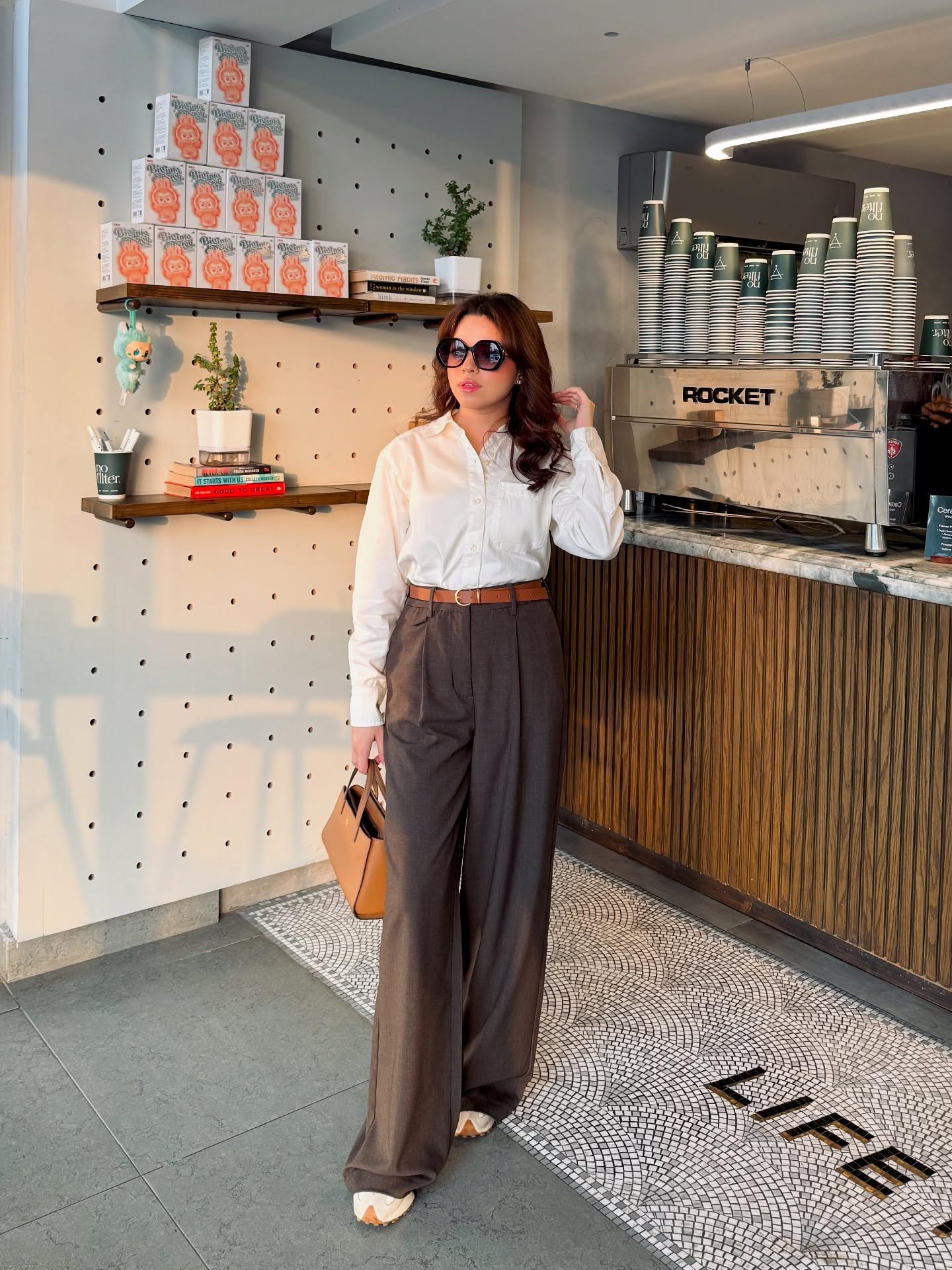 Charcoal Pleated Trousers with Button-Down Shirt and Cognac Leather Accents