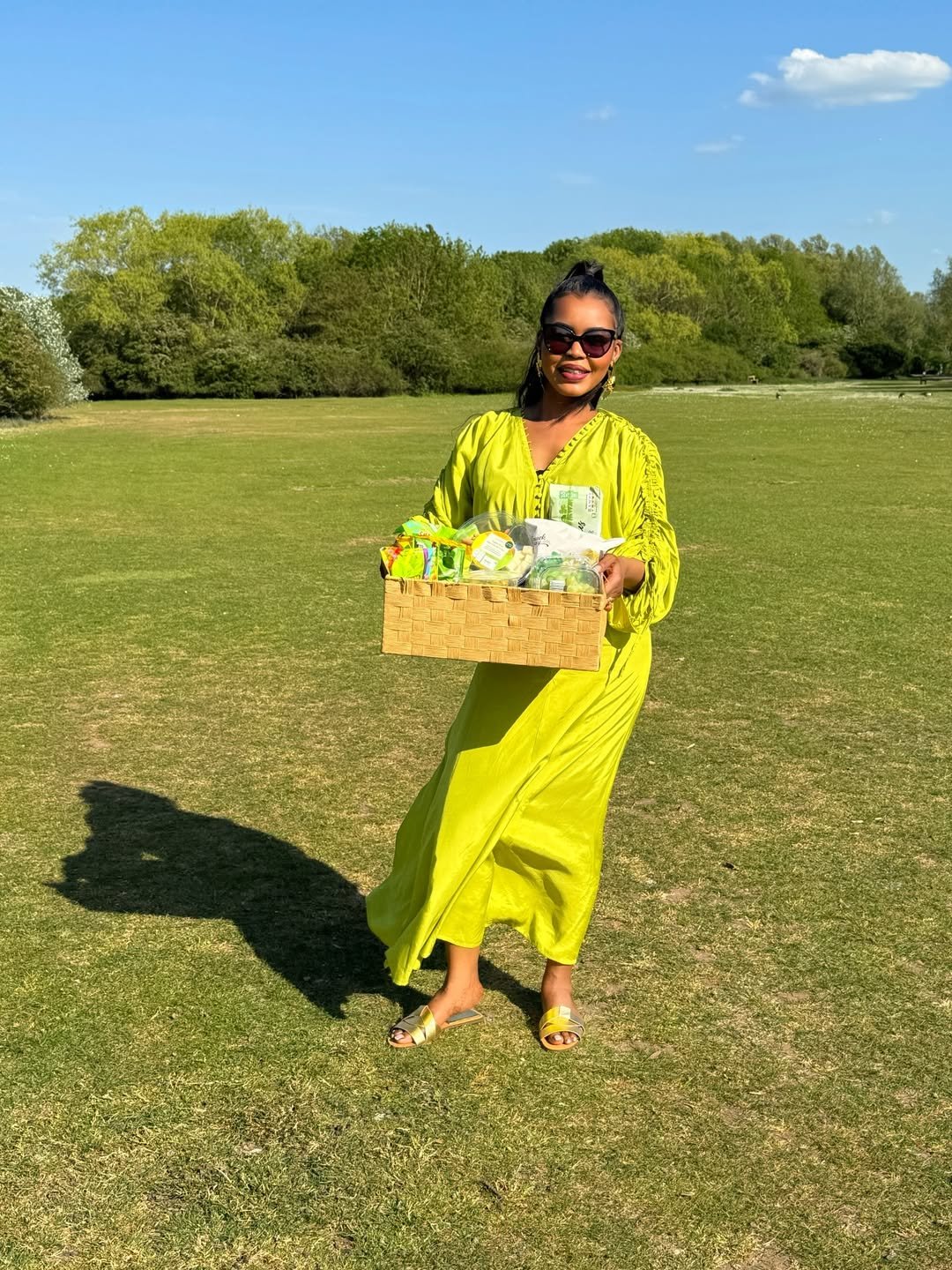 Chartreuse Flowing Maxi Dress with Gold Metallic Slide Sandals