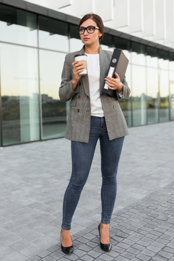 Checkered Blazer with Denim Jeans and Coffee-in-Hand Office Walk