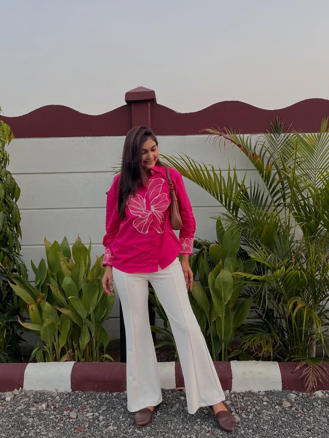 Chic Magenta Floral Shirt and Flared Trousers