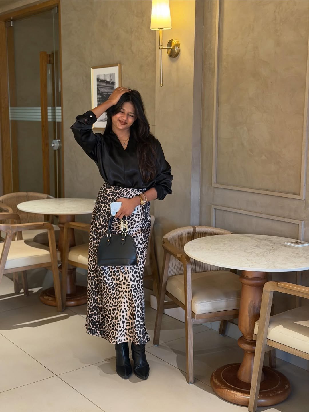 Chic Neutral Flow Elevated Silk and Animal Print Midi Skirt for Smart Casual Days