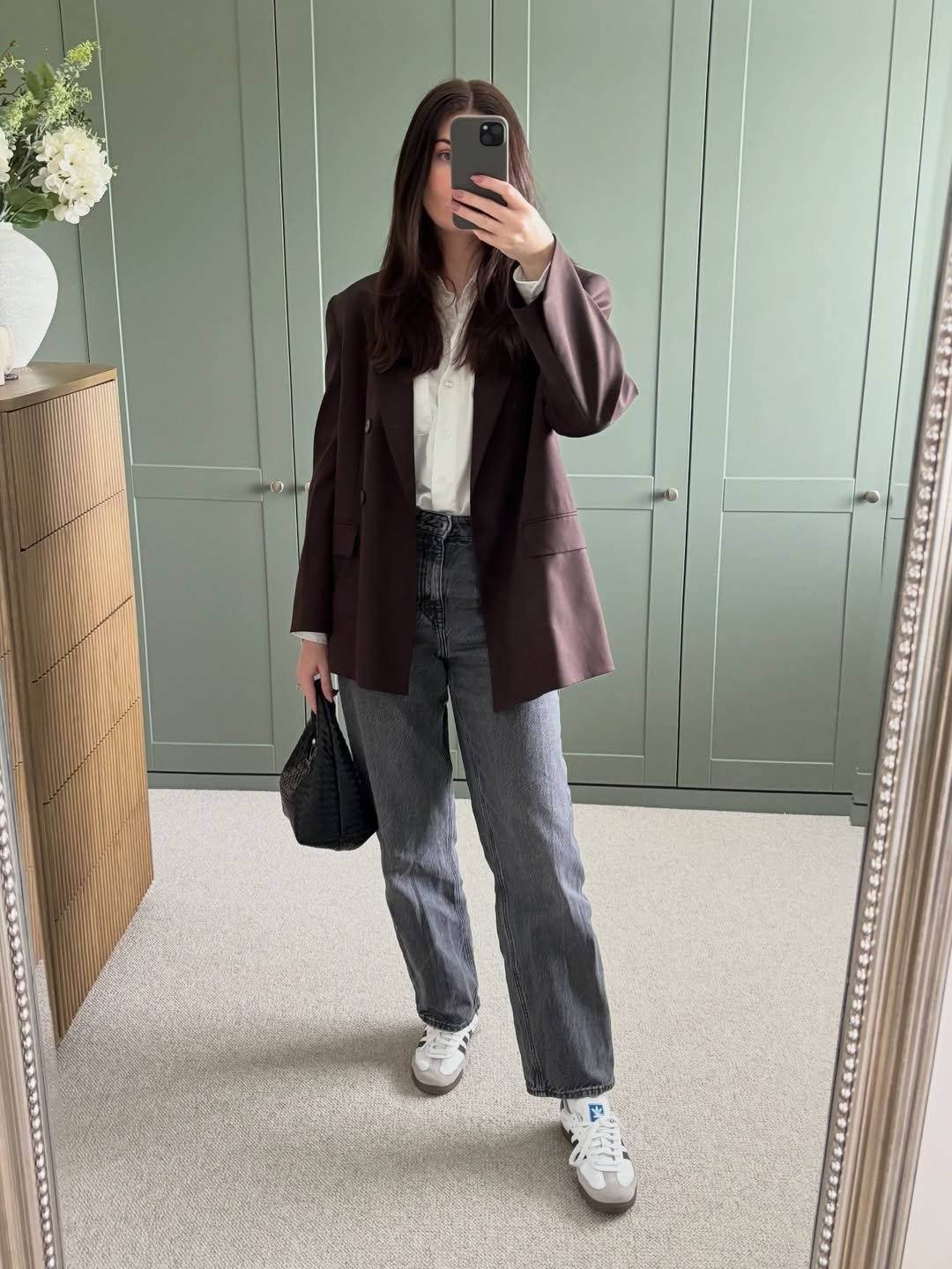 Chocolate Brown Oversized Blazer and Charcoal Wide Leg Denim for Smart Casual Layering