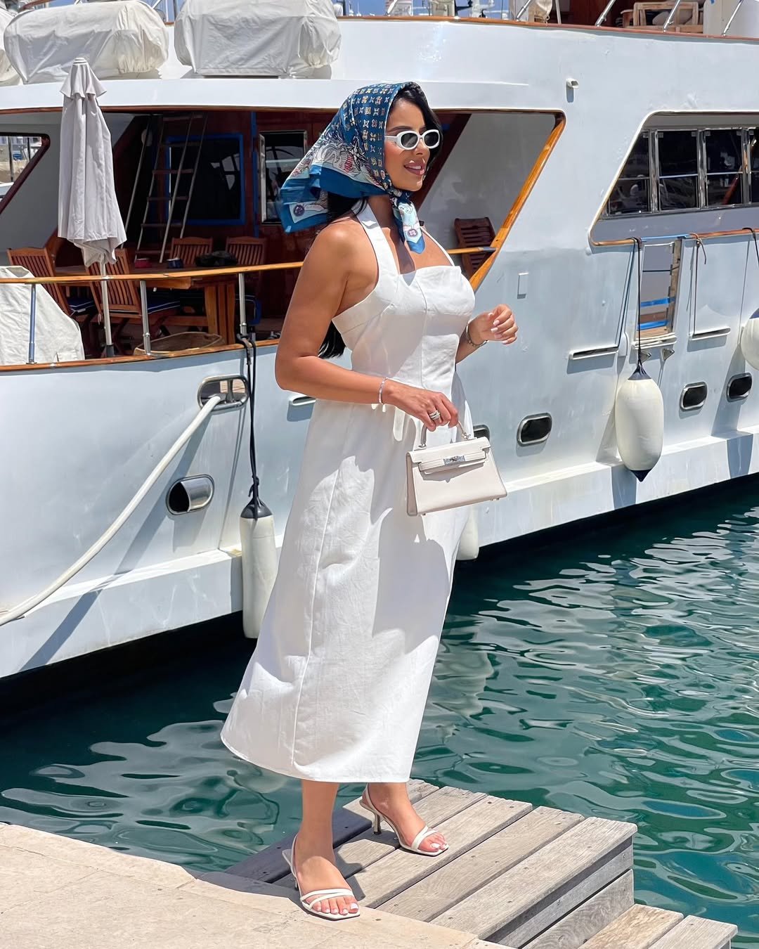 Classic White Linen Midi Dress and Silk Headscarf