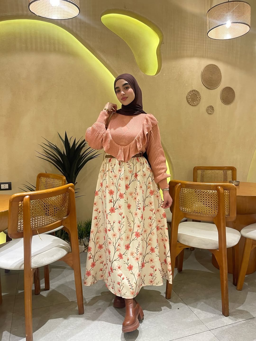 Coral, Cream, Flowery Modest Skirt and Knit Set for a Networking Brunch