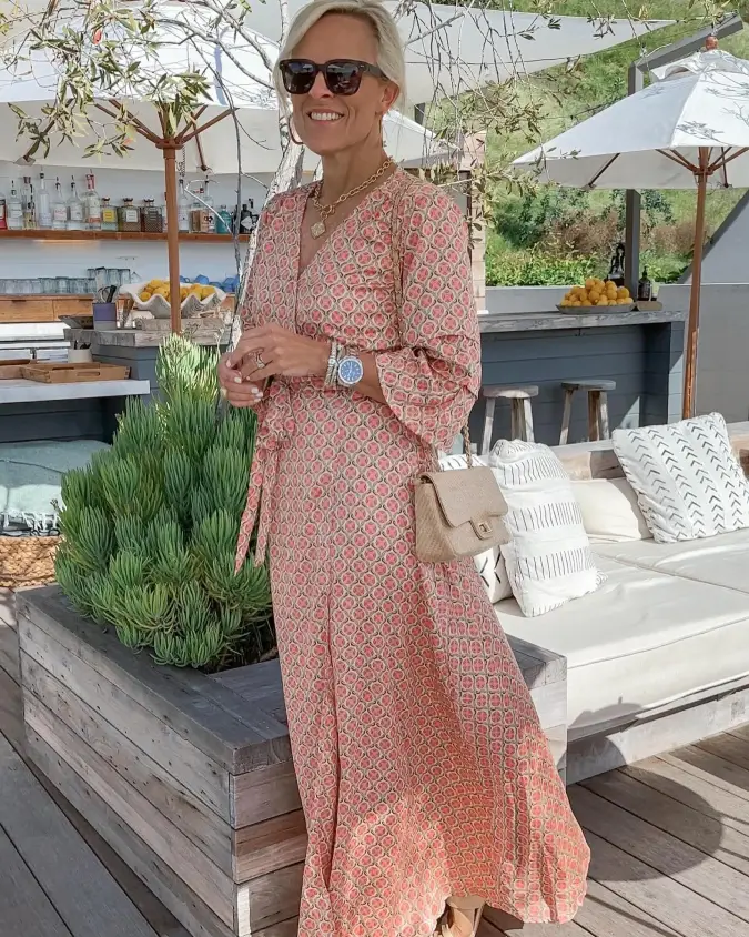 Coral Print Wrap Maxi Beside the Outdoor Bar