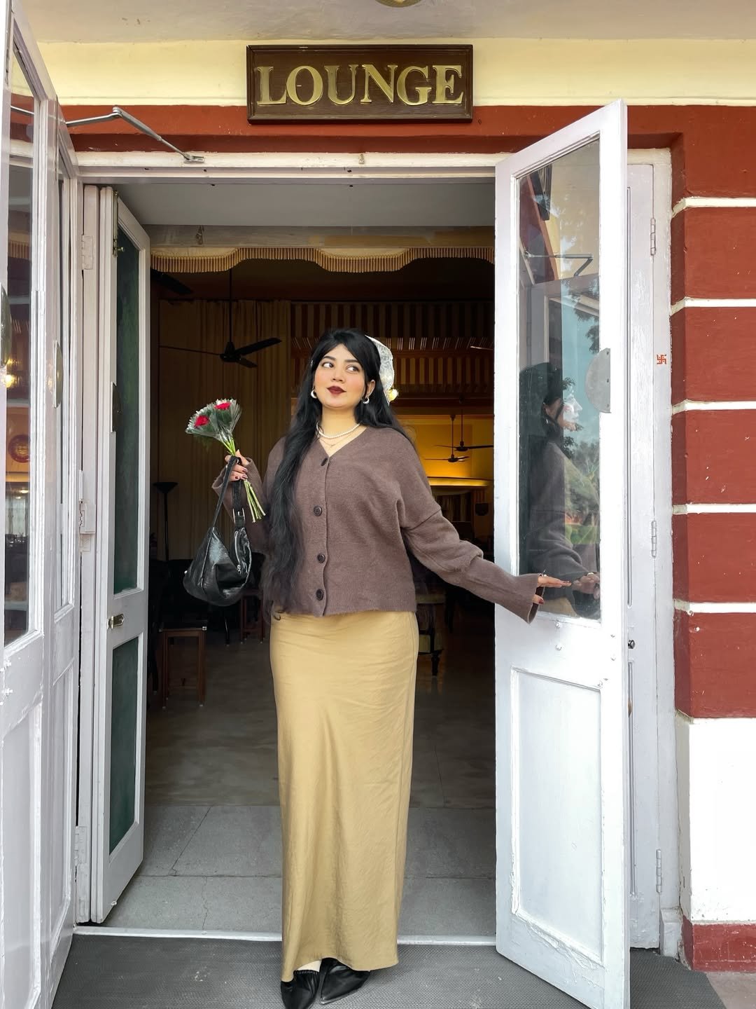  Cozy Brown Sweater and Satin Skirt