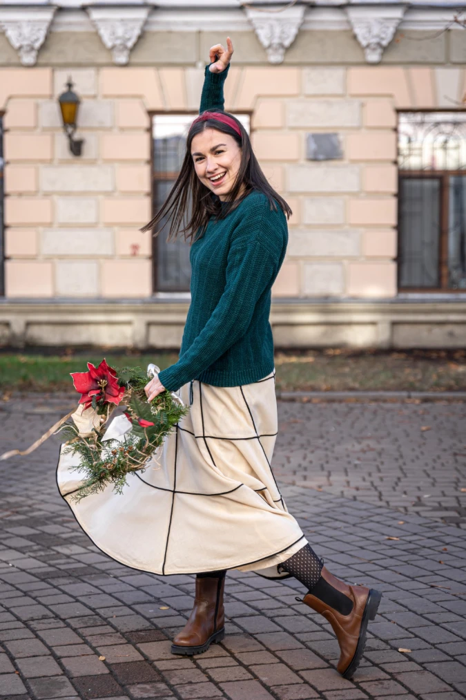 Cozy Green Sweater With Cream Midi Skirt