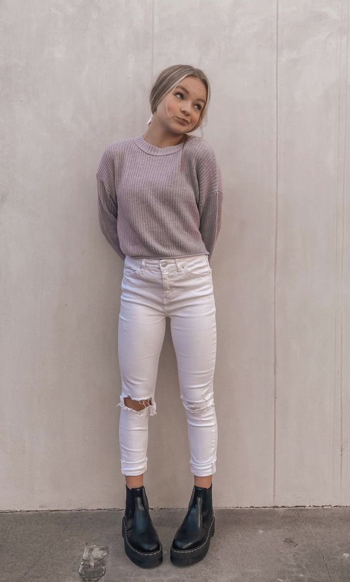 Cozy Ribbed Knit and Distressed Denim Combo for 13 Year Old Girls Outfit Ideas