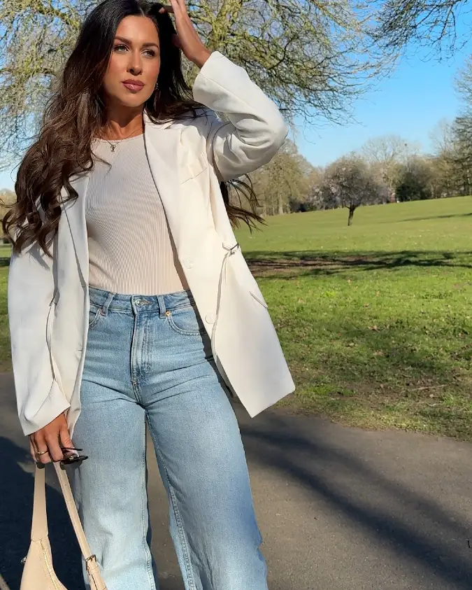 Cream Blazer, Ribbed Neutral Tank, Wide Leg Denim: Polished First Outing Mom Style