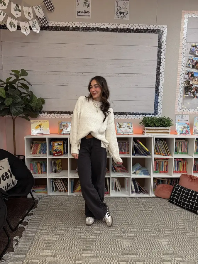 Cream Chunky Knit, Relaxed Black Denim, Casual Academic School Style