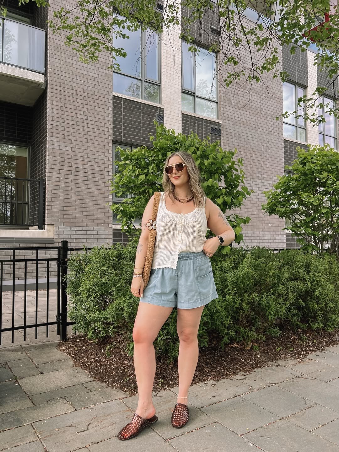 Cream Crochet And Chambray Shorts Casual City Outfit