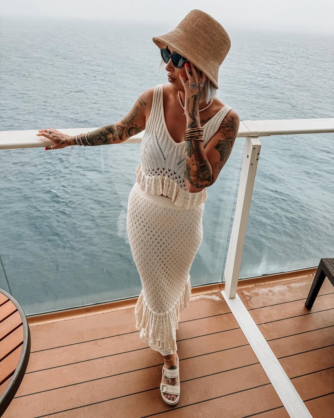 Cream Crochet Two-Piece Set with Straw Bucket Hat and White Sandals
