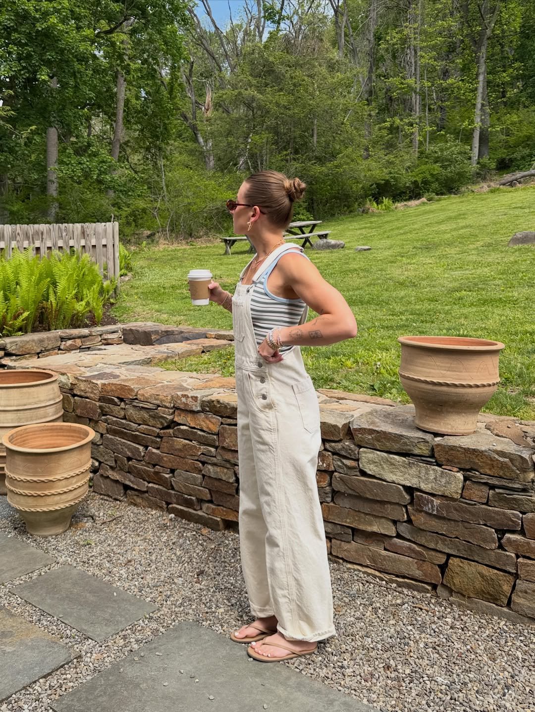 Cream Denim Striped Tank Wide Leg Overalls