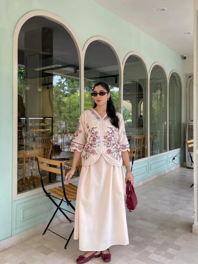 Cream Embroidered Midi Dress, Relaxed Silhouette, Modest Café Outing Style for a New Mom First Outing