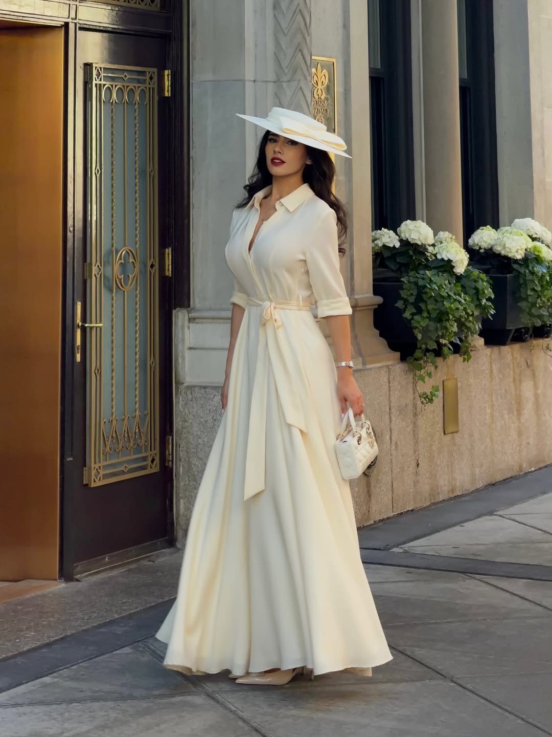 Cream Floor-Length Shirt Dress with Wide-Brimmed Boater Hat and Quilted Mini Bag