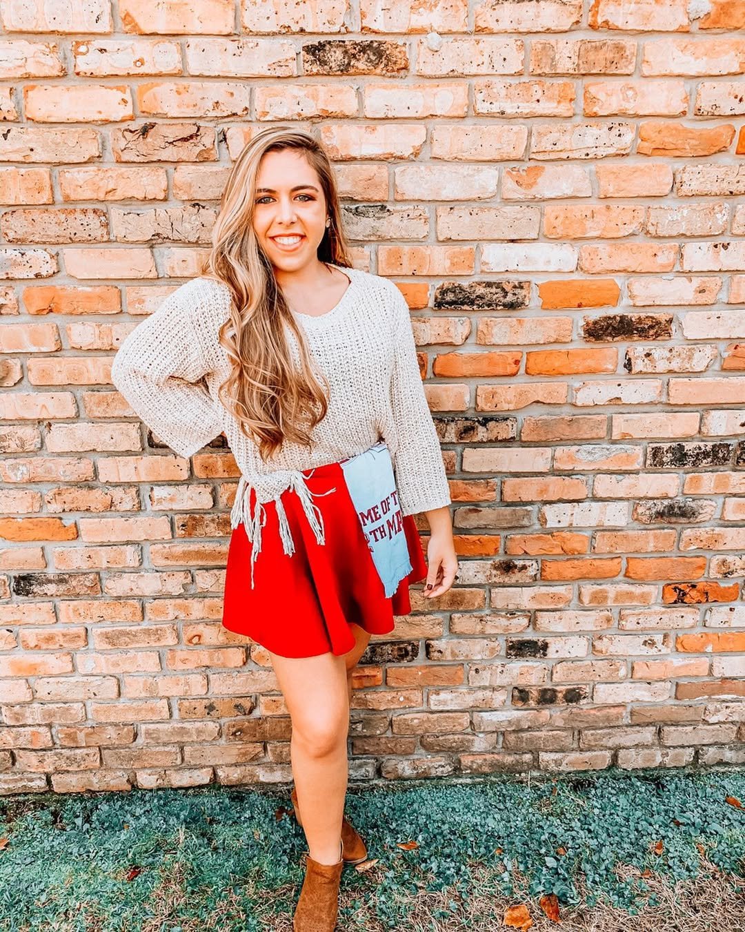 Cream Knit, Crimson Flare, and Suede Booties Cozy Game Day Style